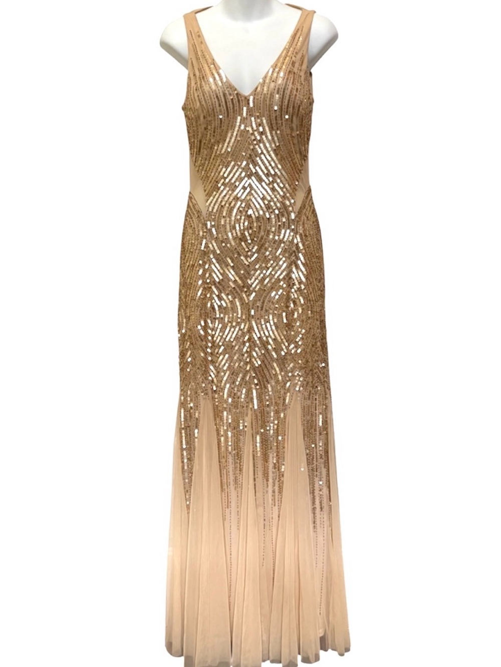 cache Y2K gold sequin art deco geometric pattern mesh maxi formal gown dress 6